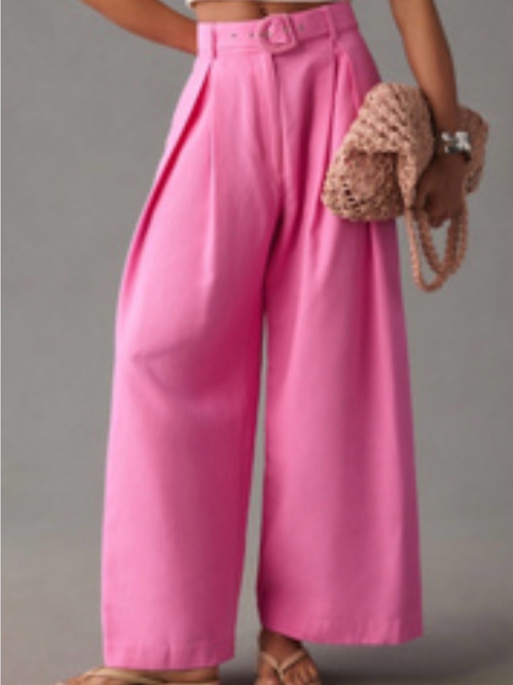 FARM Rio High-Waist Wide Leg Pink Trousers with Belted Waist